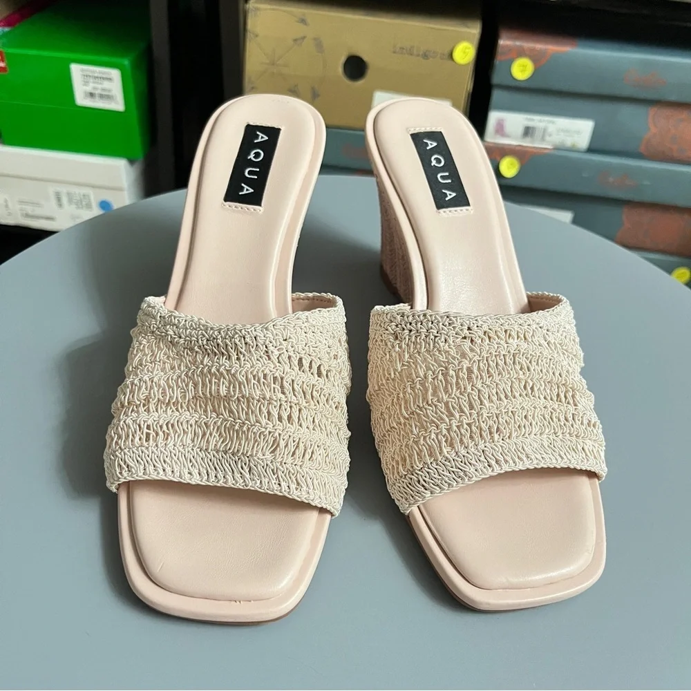 Aqua Textured Cream Wedge Sandals